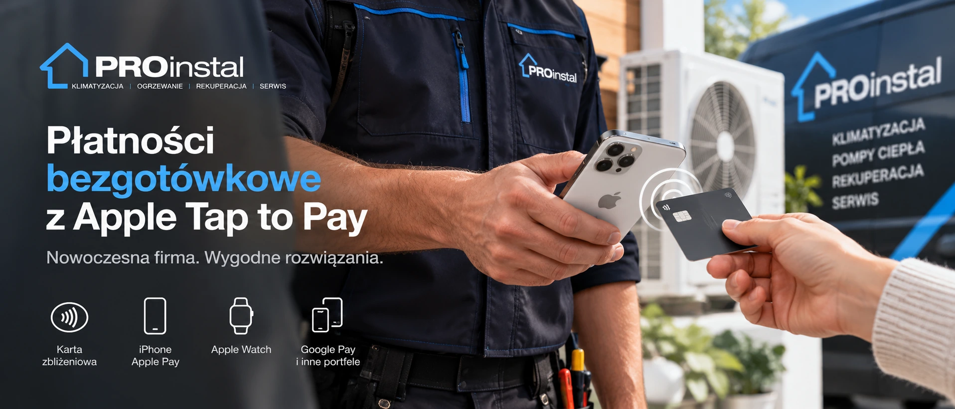 PROinstal — płatności bezgotówkowe Tap to Pay na iPhonie. Klient płaci kartą zbliżeniową podczas wizyty serwisowej.